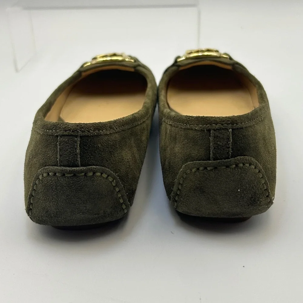 Michael Kors Fulton Ballet Flats Womens 8M Olive Green Suede Gold MK Logo Preppy